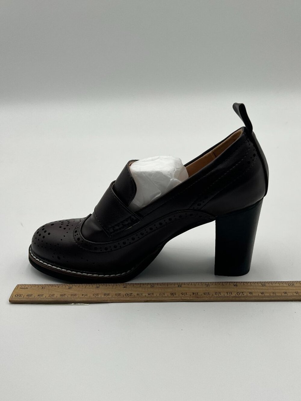 YDN Saddle Brown Chunky High Heels Round Toe Oxford Loafer Shoes Slip On Loafers